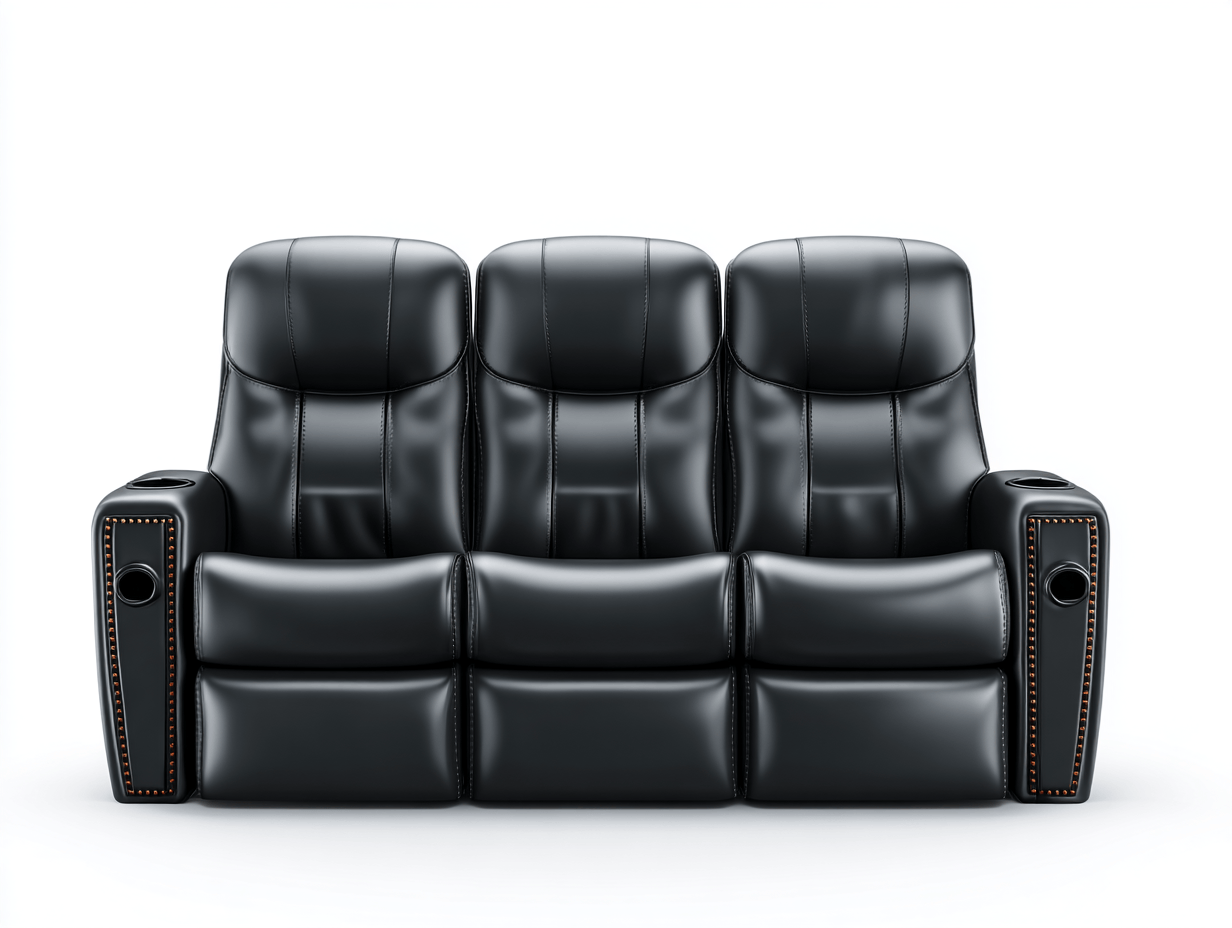 Canapé 3 places simili cuir noir style cinéma maison avec repose-pieds et porte-gobelets intégrés – pour salon ou salle home cinéma-Nestete