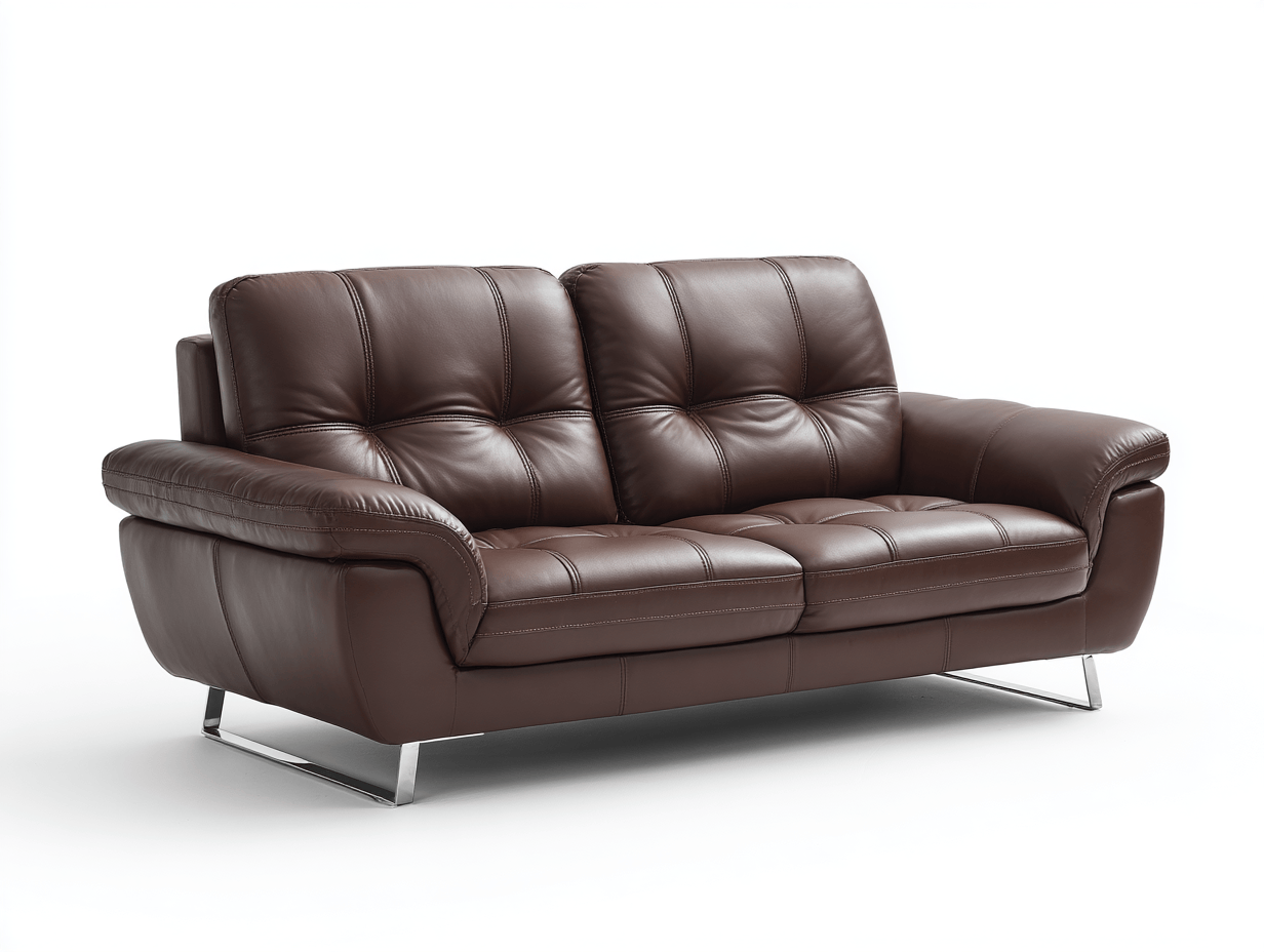 Canapé 2 places cuir marron  – style moderne – surpiqûres décoratives – pieds métal chromé – assise fixe sans bouton visible-Nestete