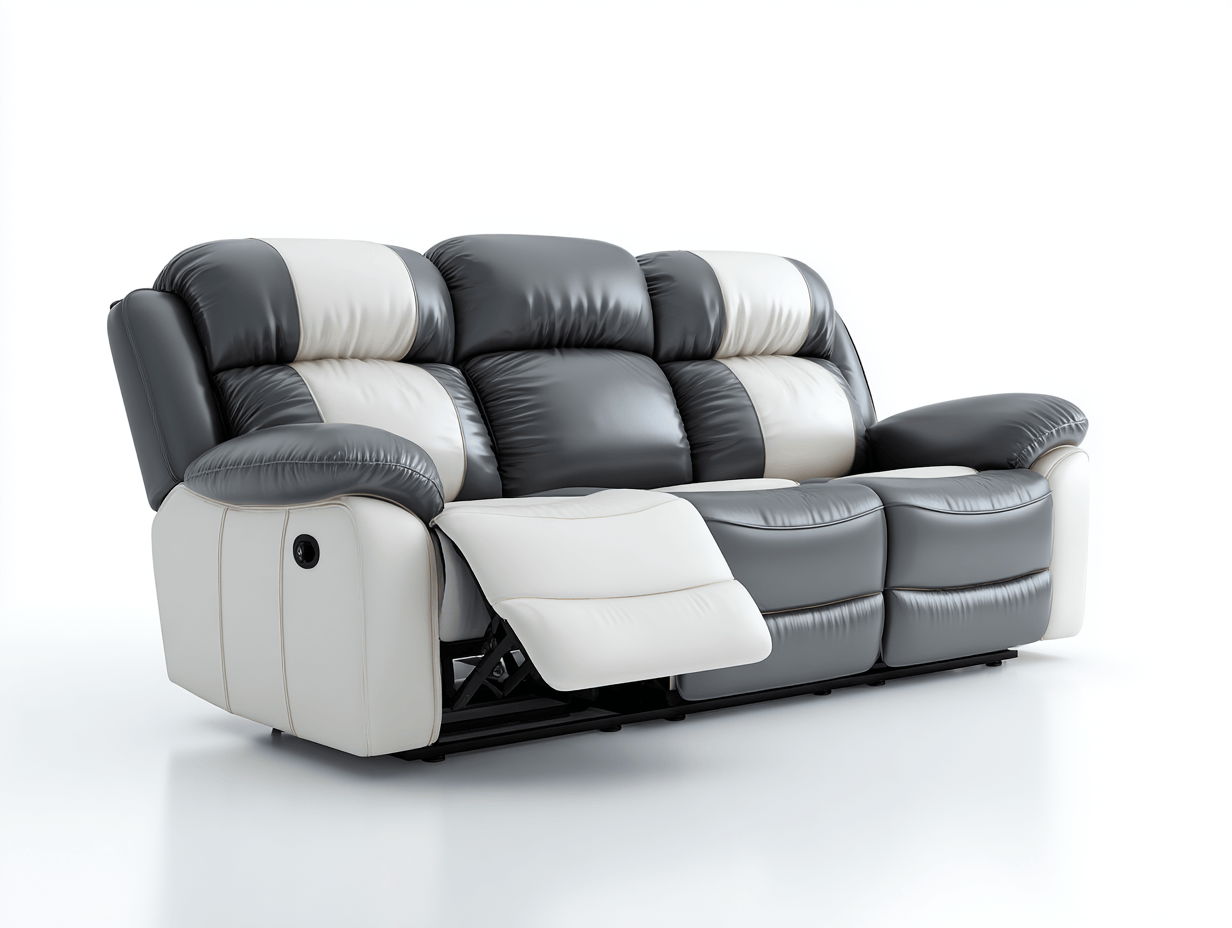 Canapé relax manuel 3 places en cuir synthétique gris et blanc – assise moelleuse avec repose-pieds-Nestete