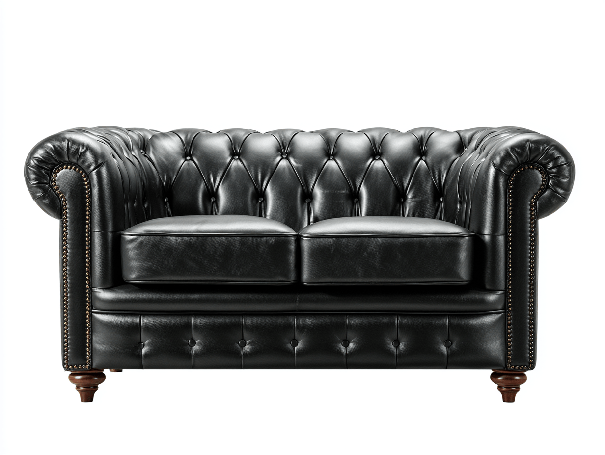 Canapé Chesterfield 2 places en cuir noir – accoudoirs roulés – pieds en bois sculpté-Nestete