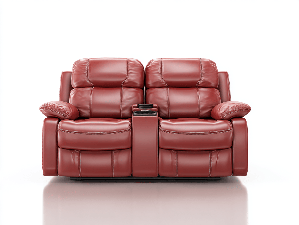 Canapé relax 2 places en cuir rouge – accoudoirs rembourrés – console centrale avec porte-gobelets – design moderne-Nestete