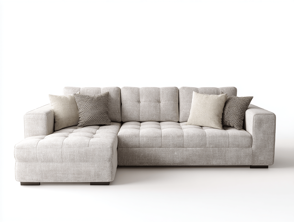 Canapé d'angle Right Turn, tissu gris clair rembourré - 3 coussins et 4 oreillers - Style chic et moderne-Nestete