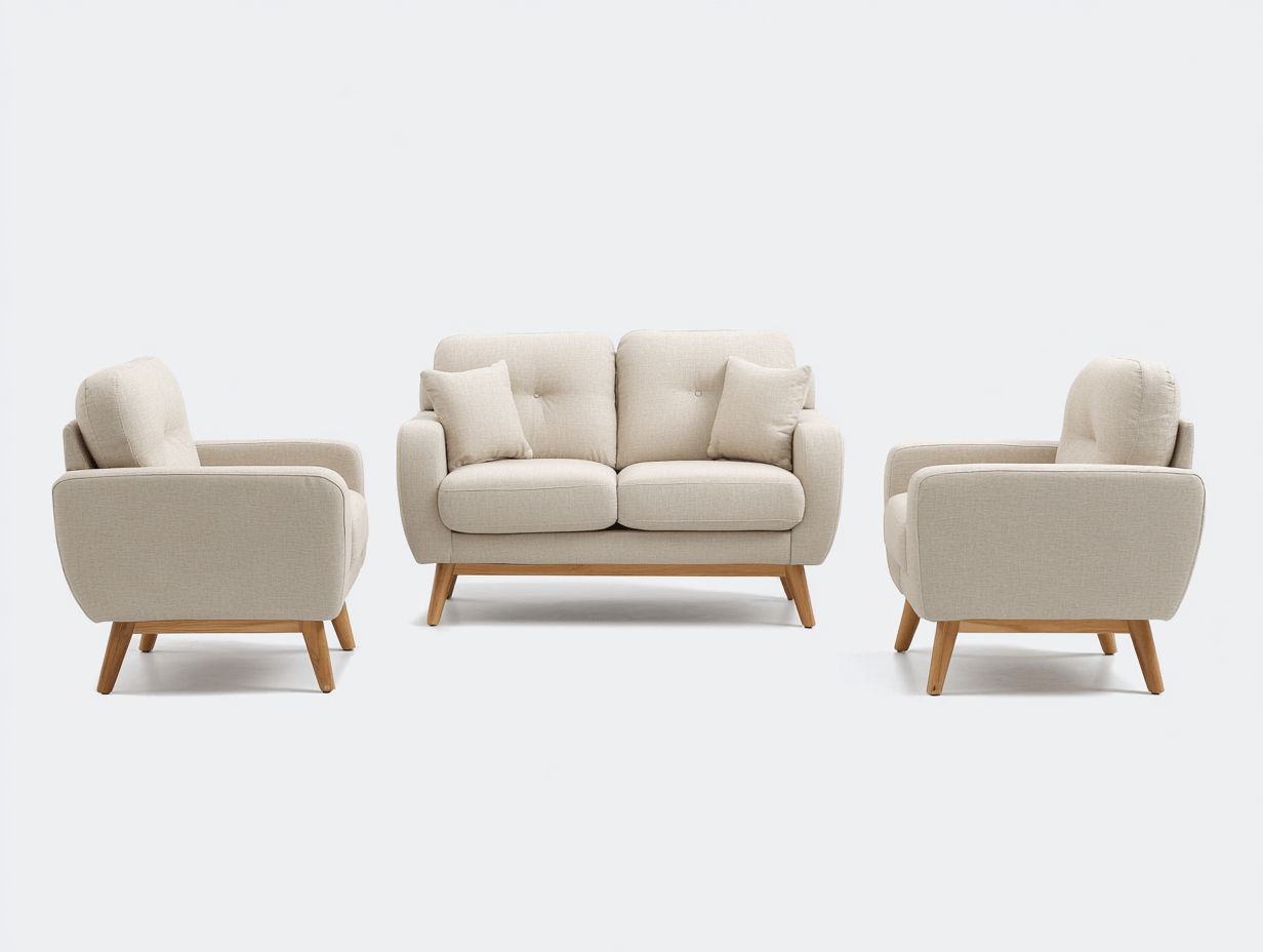 Canapé 3 pièces tissu crème structure bois clair style scandinave avec quatre coussins et deux oreillers – pour salon-Nestete