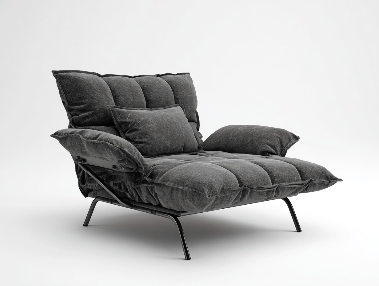 Chaise longue convertible tissu gris foncé structure métal noire avec coussins et accoudoirs rembourrés – pour salon ou chambre-Nestete