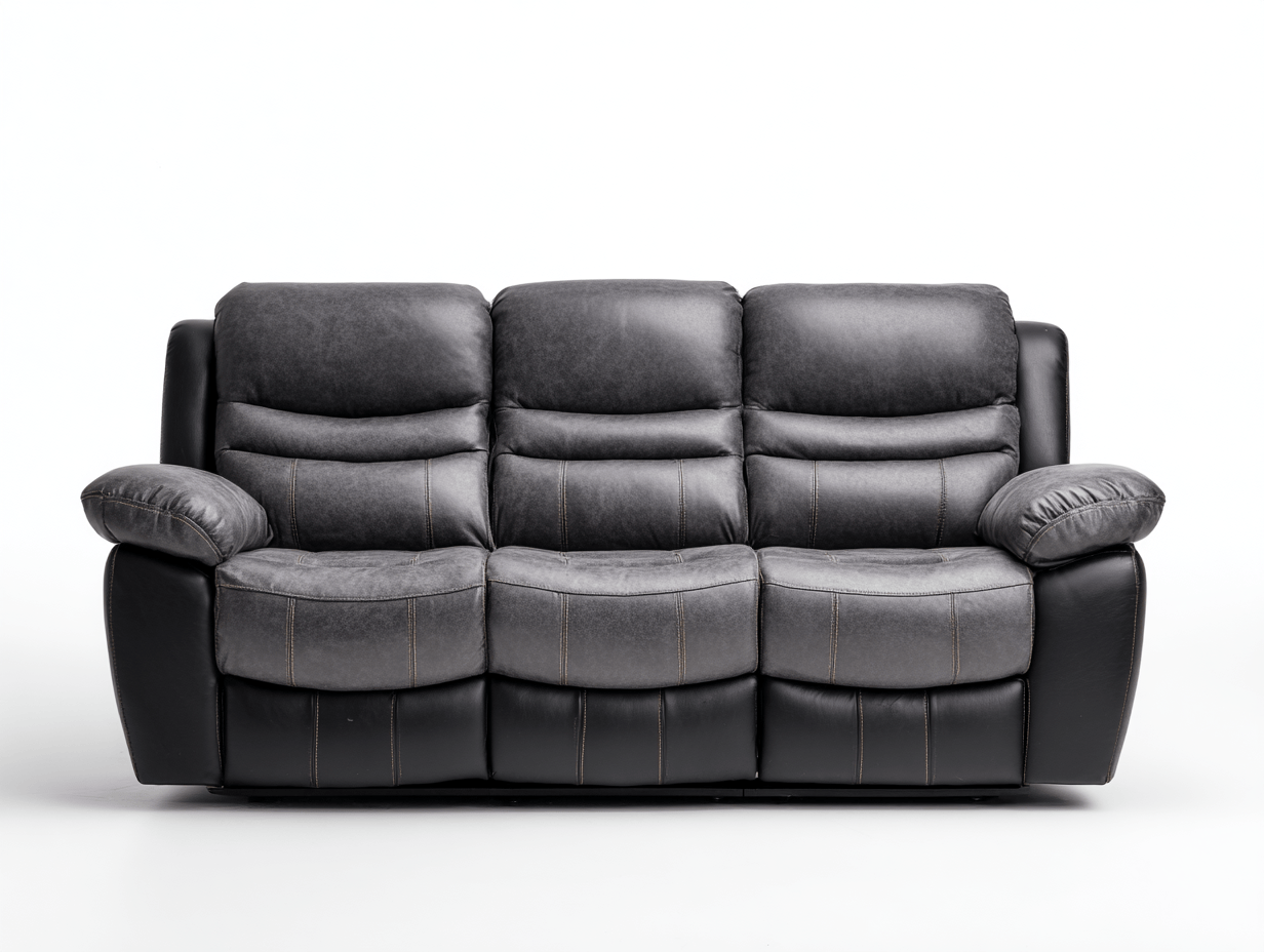 Canapé relax 3 places simili cuir noir et gris – couture contrastée marron – style classique moderne-Nestete