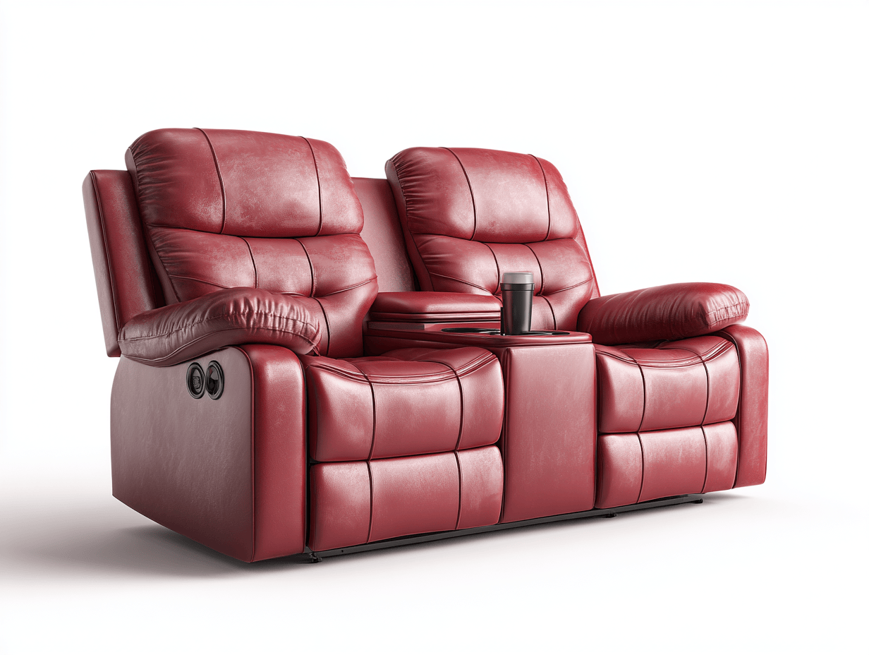 Canapé relax électrique 2 places en cuir rouge – console centrale avec porte-gobelets – accoudoirs rembourrés-Nestete
