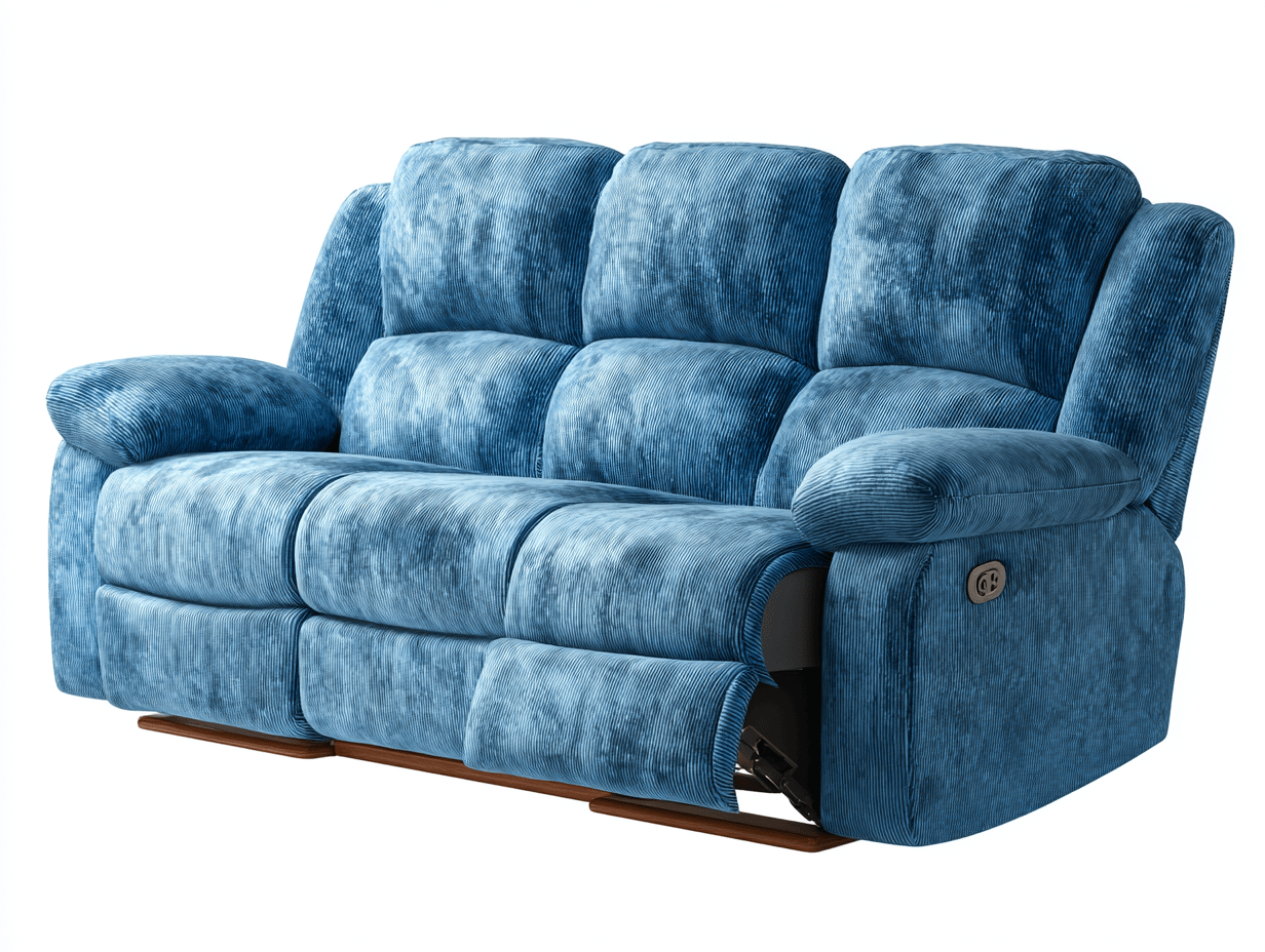 Canapé relax électrique 3 places en tissu côtelé bleu – accoudoirs épais – dossier moelleux-Nestete
