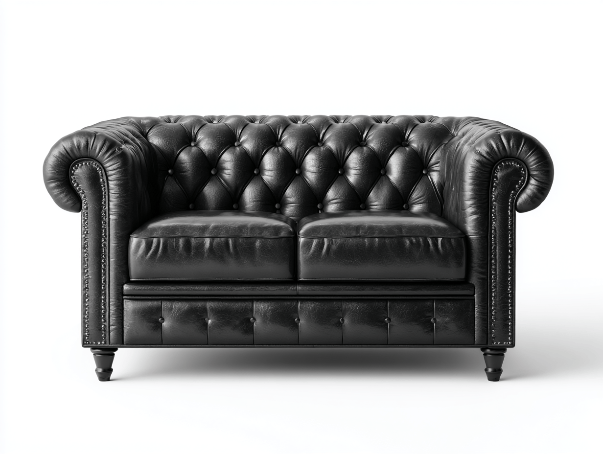 Canapé Chesterfield 2 places en cuir noir – style classique – capitonné à boutons-Nestete