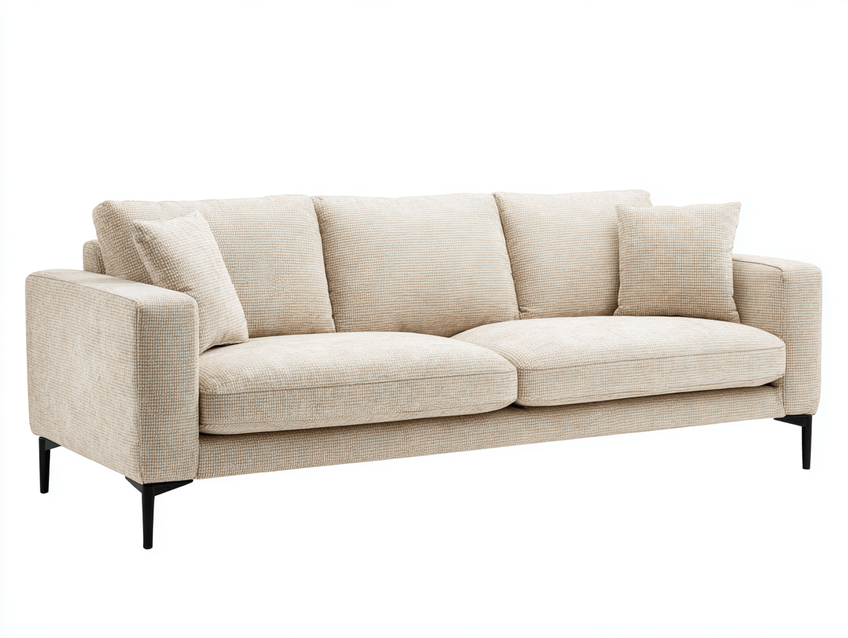 Canapé 3 places tissu beige pieds métal noir – design moderne – avec 3 coussins et 2 oreillers – pour salon-Nestete