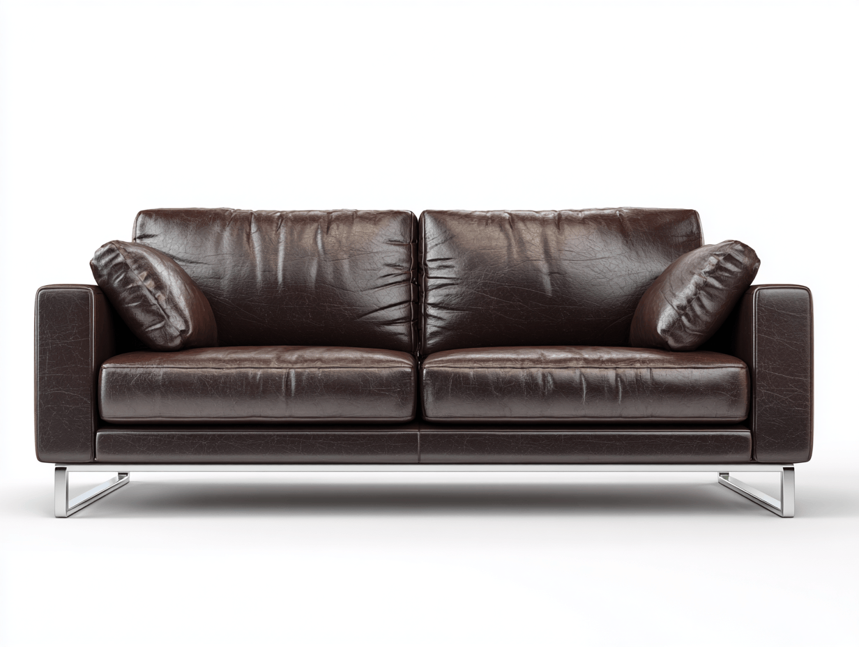 Canapé 2 places cuir marron – style moderne – avec deux coussins et deux oreillers déco – pieds métal chromé – assise fixe sans bouton visible-Nestete