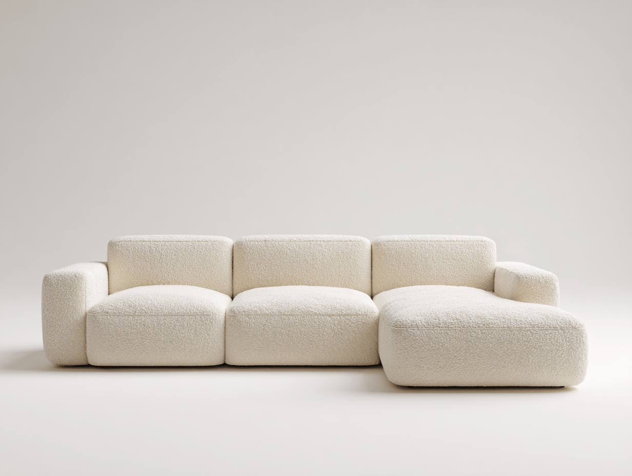Canapé d’angle gauche modulable en tissu bouclette crème – design minimaliste bas – sans coussins ni oreillers-Nestete