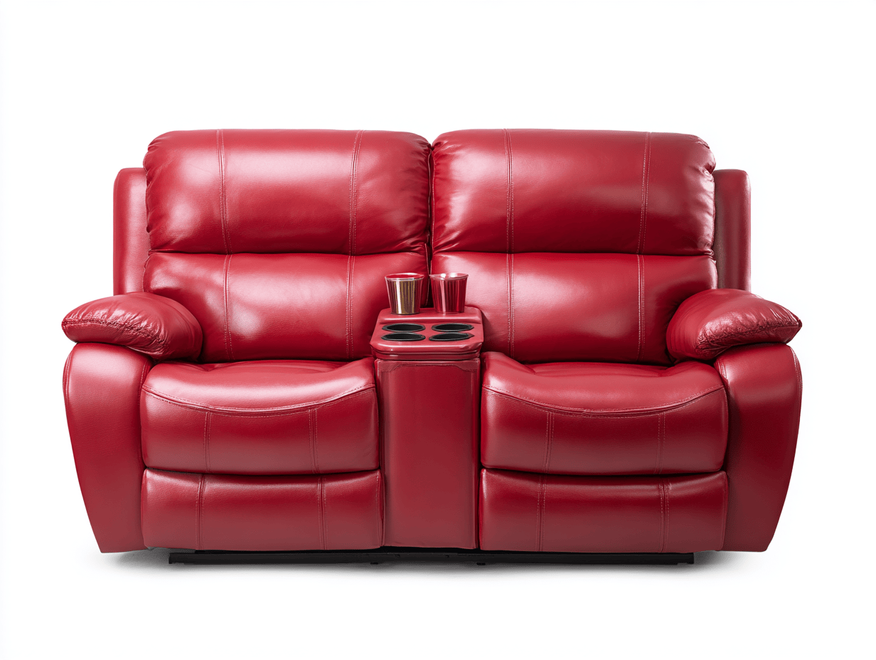 Canapé relax 2 places en cuir rouge – dossier haut – accoudoirs rembourrés – console centrale avec porte-gobelets-Nestete