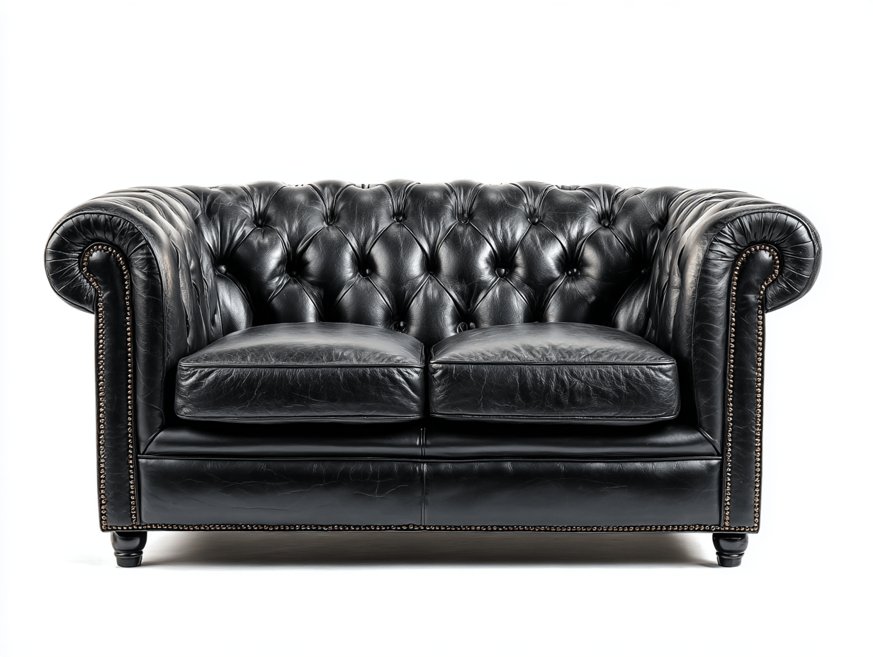 Canapé Chesterfield 2 places en cuir noir – style classique – dossier capitonné-Nestete