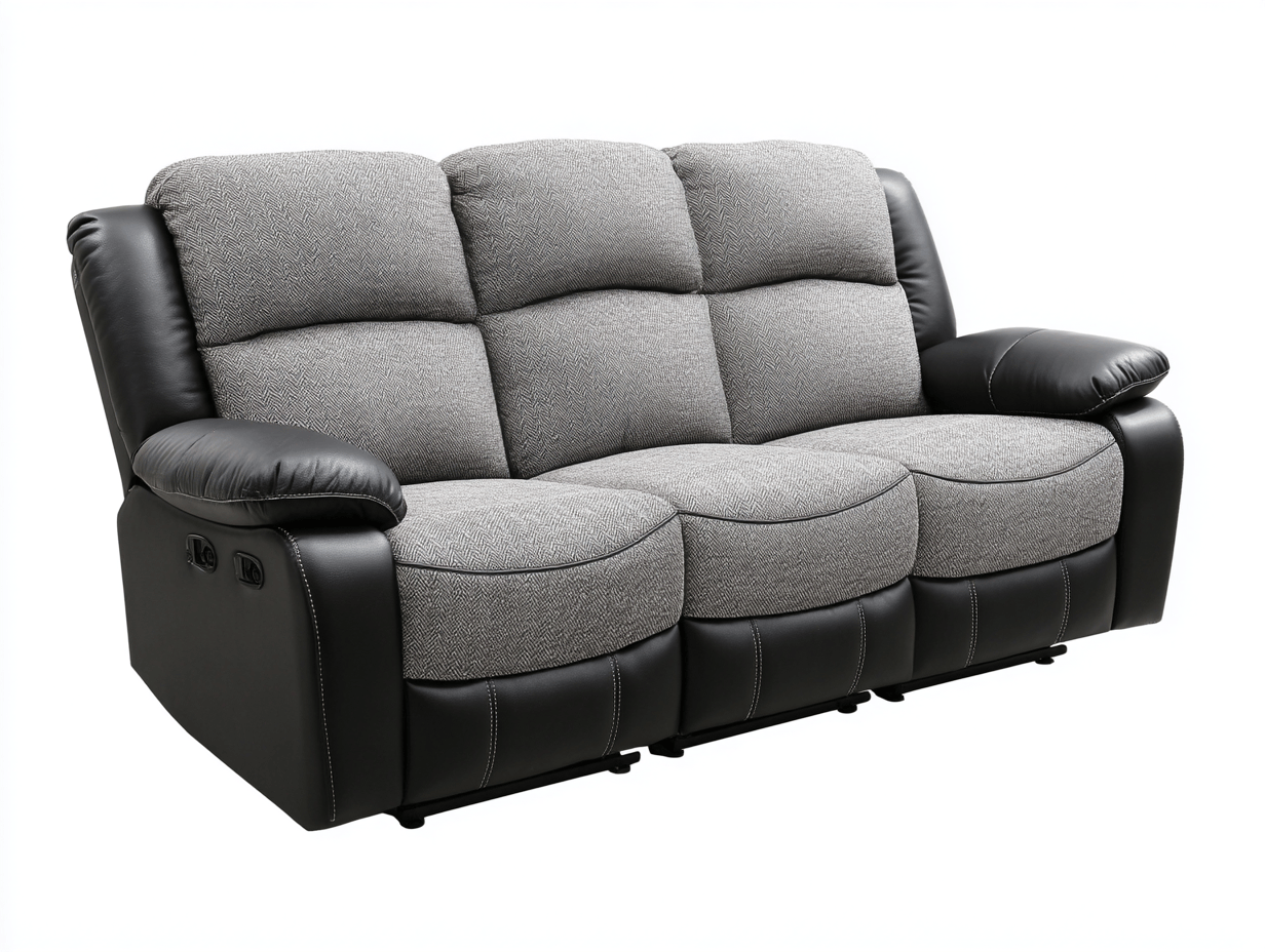 Canapé relax manuel 3 places en tissu gris et similicuir noir – style contemporain-Nestete
