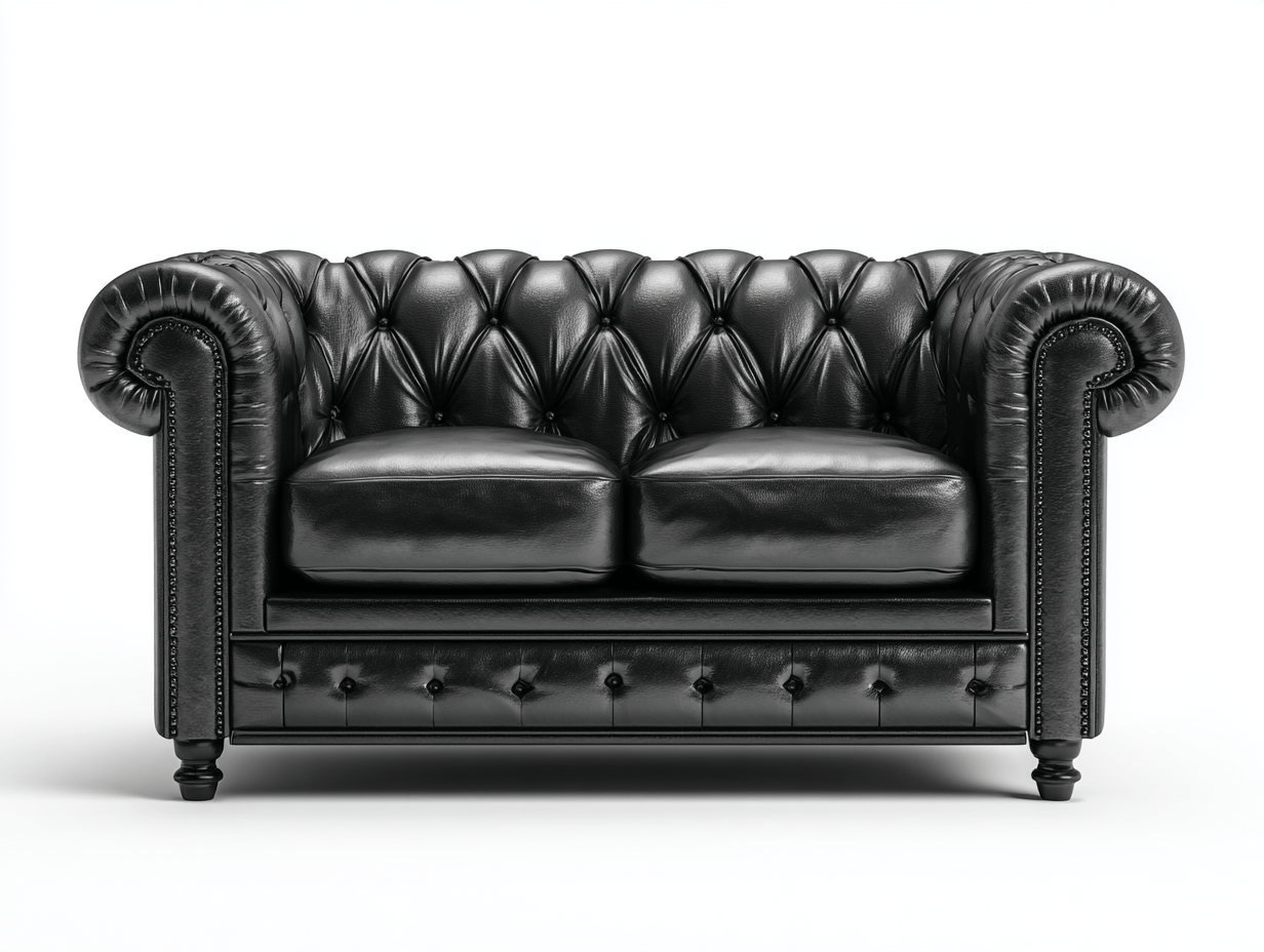 Canapé Chesterfield 2 places en cuir noir – accoudoirs capitonnés – pieds tournés classiques-Nestete
