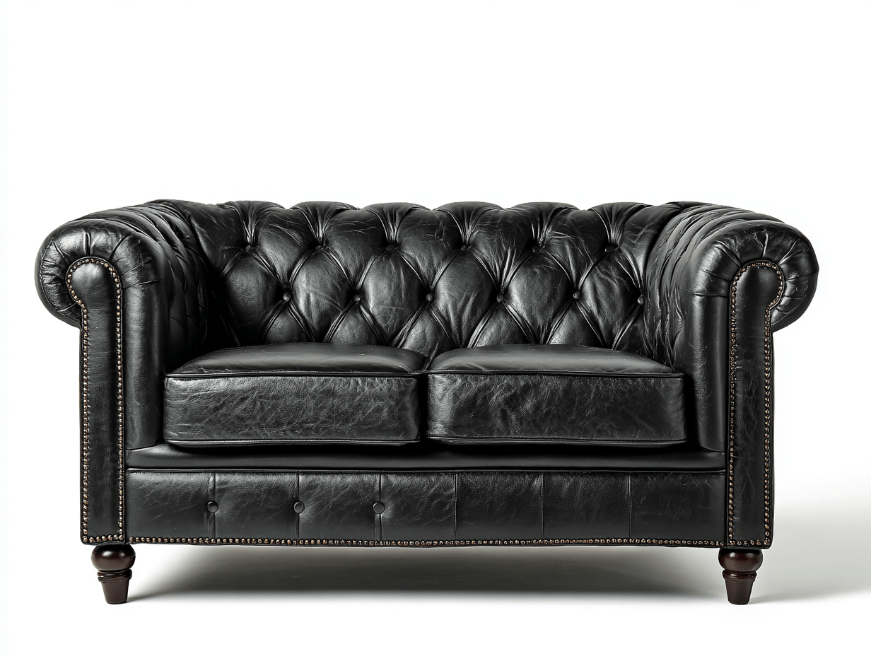 Canapé Chesterfield 2 places en cuir noir – style vintage – accoudoirs roulés capitonnés-Nestete