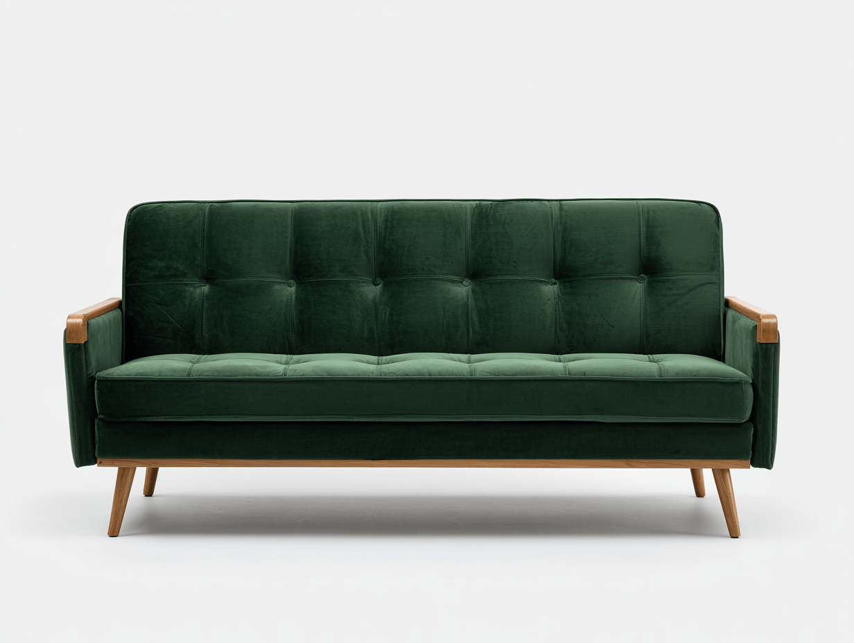 Canapé-lit 3 places en velours vert foncé – accoudoirs bois – style rétro scandinave-Nestete