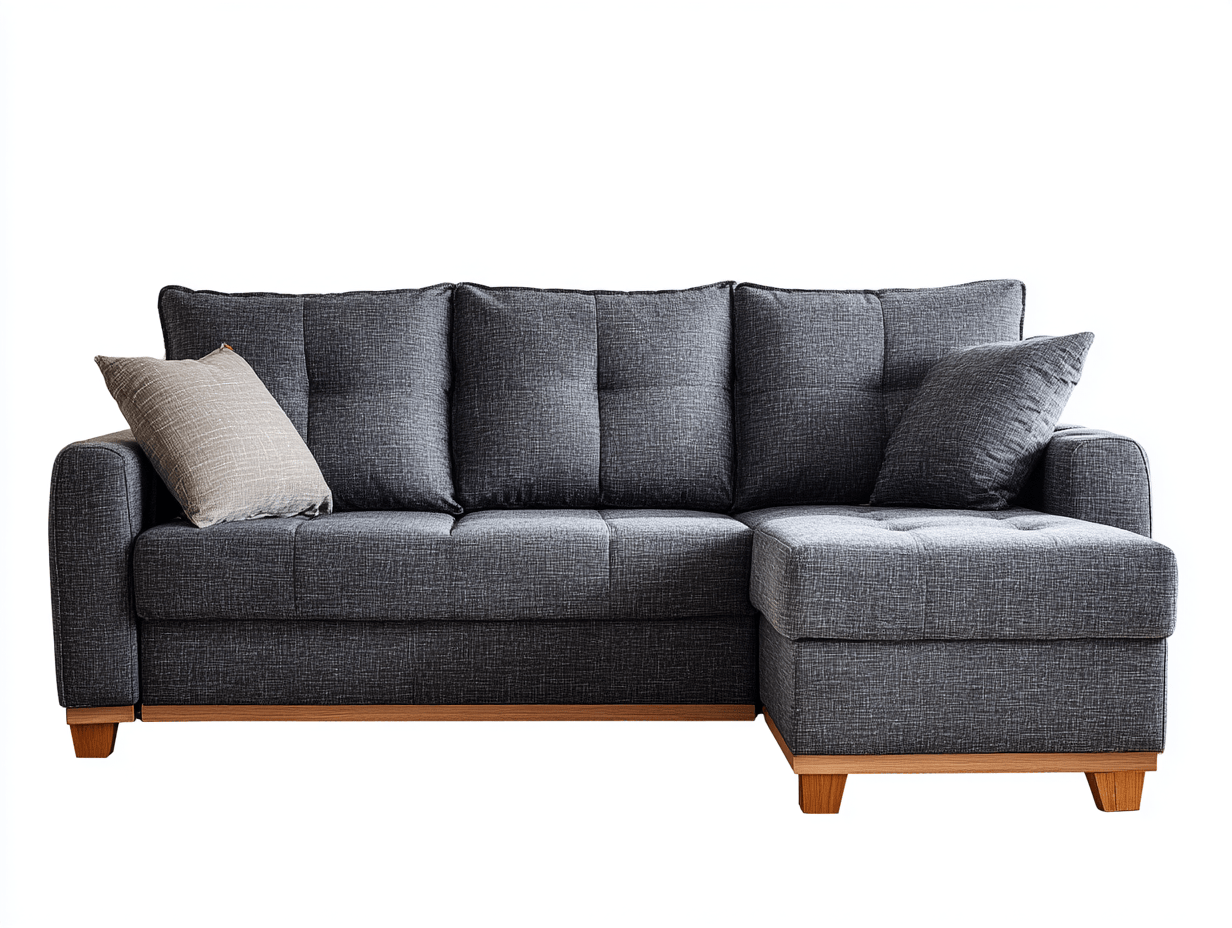 Canapé d'angle en tissu – gris foncé – méridienne à gauche avec coussins décoratifs-Nestete