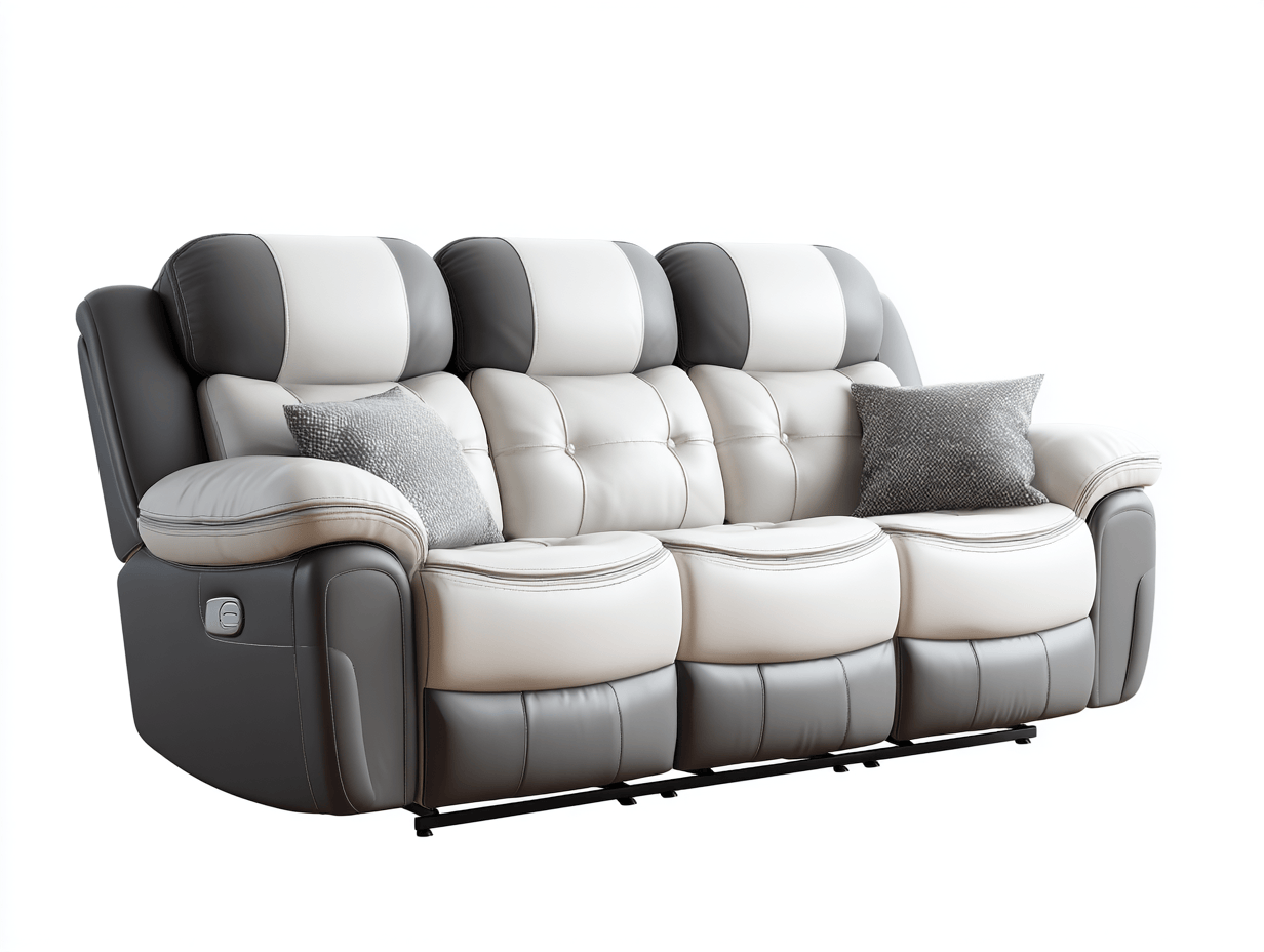 Canapé relax électrique 3 places en cuir synthétique gris et blanc – avec 2 coussins – confort moelleux-Nestete