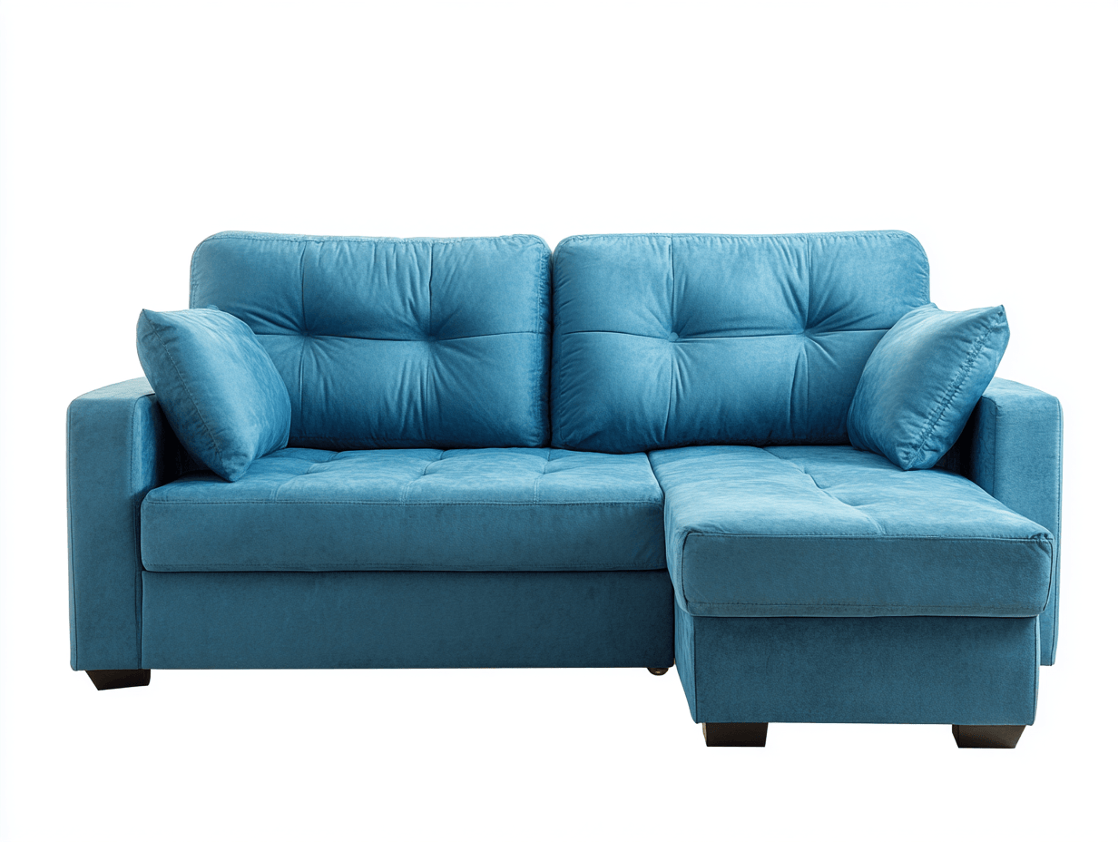 Canapé d'angle convertible côté gauche, tissu bleu, 3 places, 2 coussins + 2 oreillers, style contemporain-Nestete