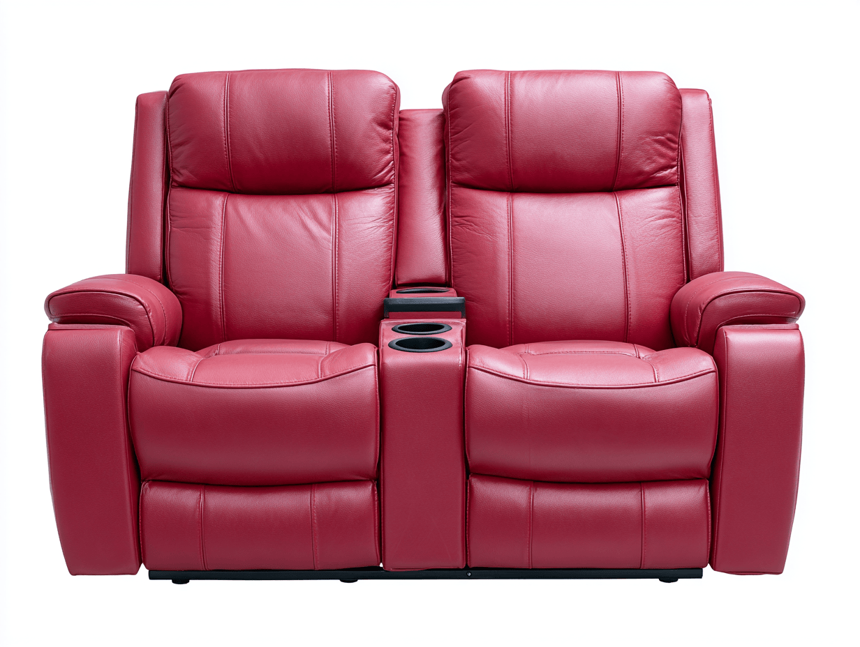 Canapé relax 2 places en cuir rouge – accoudoirs larges – console centrale avec porte-gobelets et rangement – style contemporain-Nestete