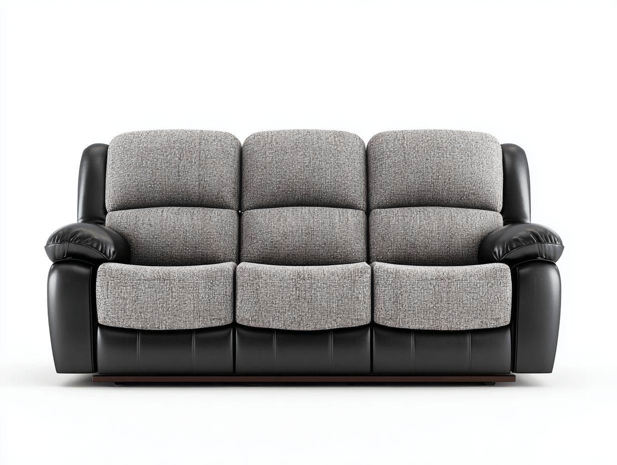 Canapé fixe 3 places en tissu gris chiné et simili cuir noir – style moderne et épuré-Nestete