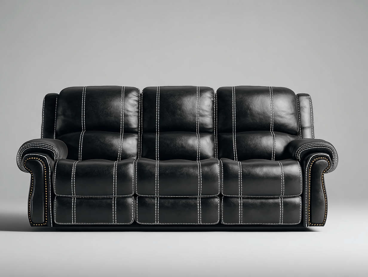 Canapé 3 places cuir noir – style classique – coutures blanches contrastantes – accoudoirs cloutés – assise fixe sans bouton visible-Nestete