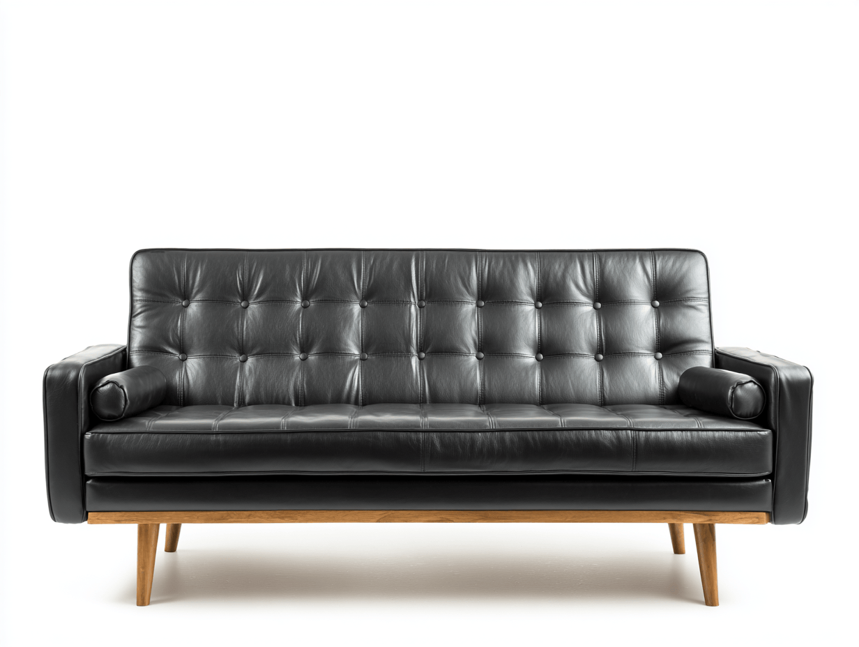 Canapé 3 places en cuir synthétique noir – avec deux coussins cylindriques – style vintage scandinave-Nestete