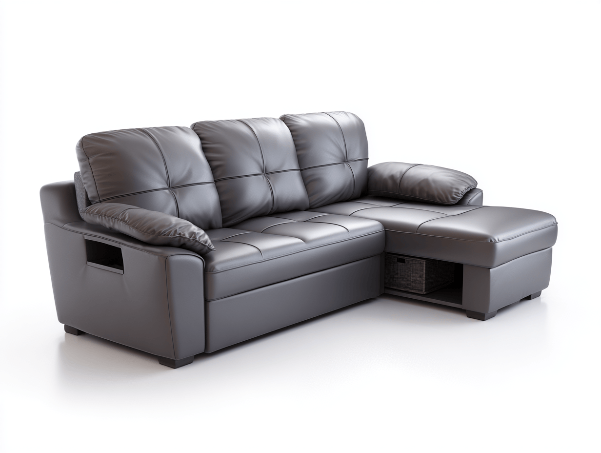 Canapé d'angle cuir – gris foncé – style contemporain avec méridienne gauche et rangement intégré-Nestete