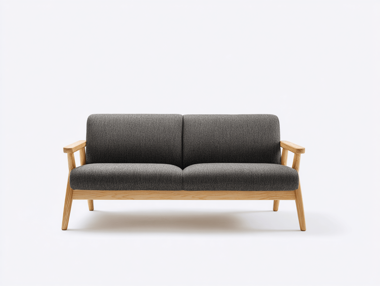 Canapé 2 places en tissu – gris foncé – structure en bois clair style minimaliste-Nestete