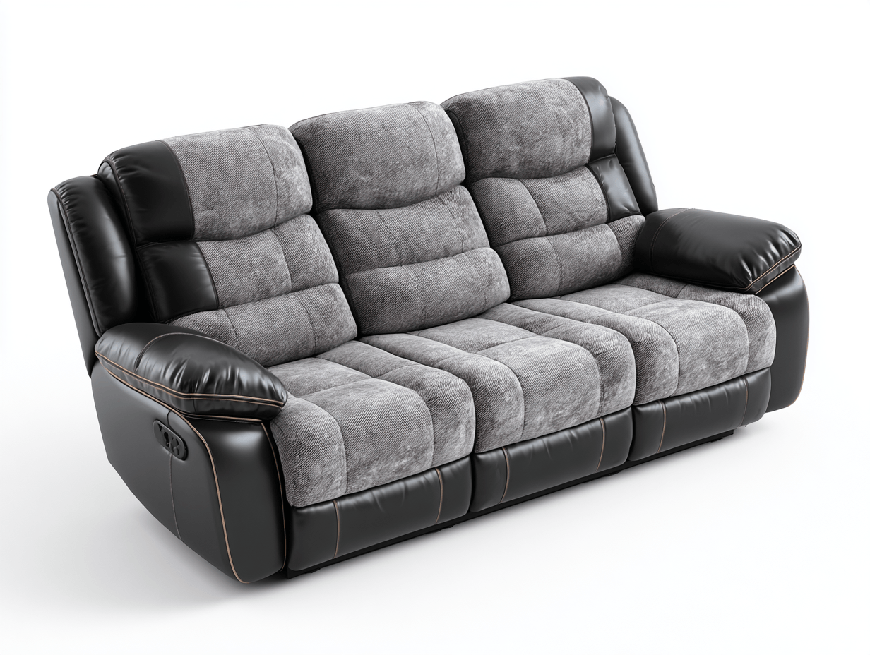 Canapé relax manuel 3 places en tissu gris et similicuir noir – assise profonde moelleuse-Nestete
