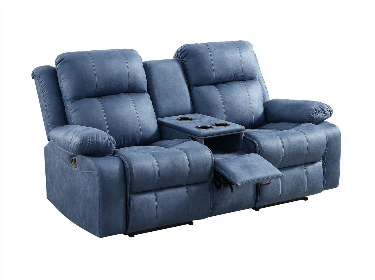 Canapé relax électrique 2 places en tissu bleu – repose-pieds déployable – accoudoir central avec rangements et porte-gobelets-Nestete