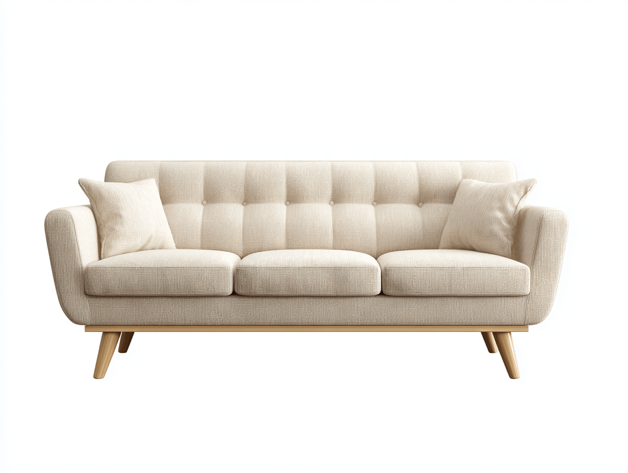 Canapé 3 places tissu crème pieds bois clair style scandinave avec dossier monobloc et deux oreillers – pour salon-Nestete