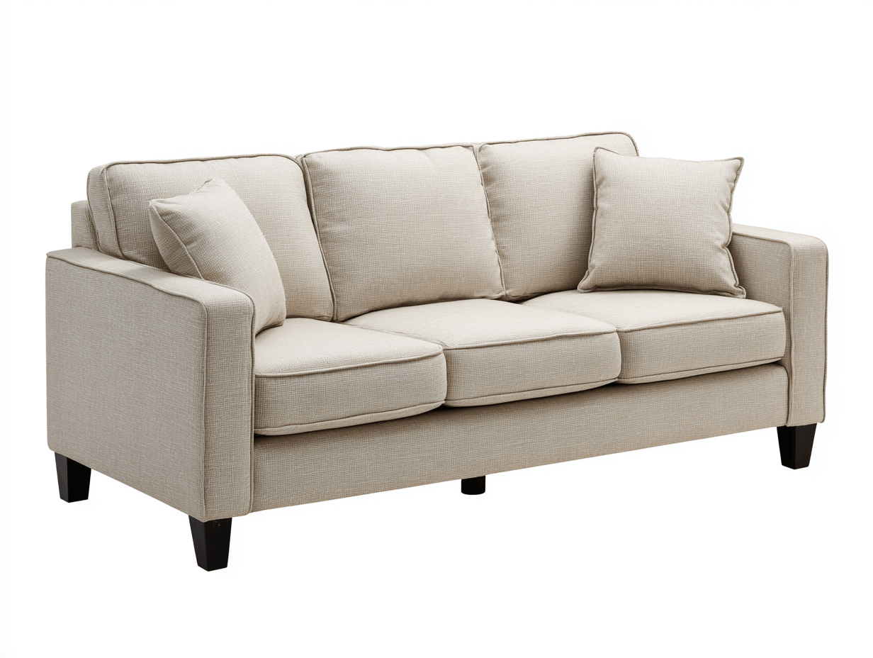 Canapé 3 places tissu beige pieds bois noir – design moderne – avec 3 coussins et 2 oreillers – pour salon-Nestete