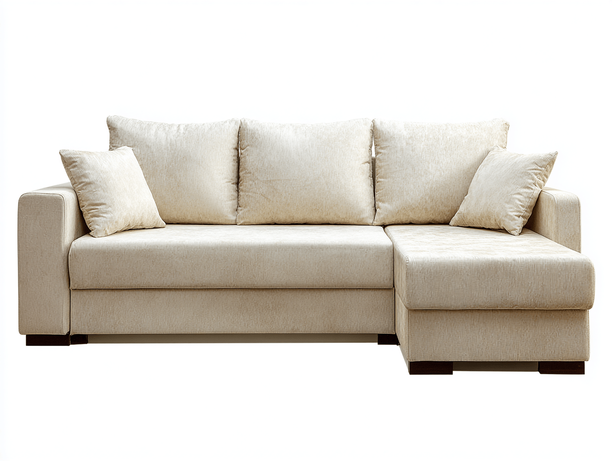 Canapé d’angle tissu beige – style moderne – méridienne gauche (vue utilisateur) – avec trois coussins de dossier et deux coussins déco – pieds bois foncé – sans mécanisme électrique apparent-Nestete