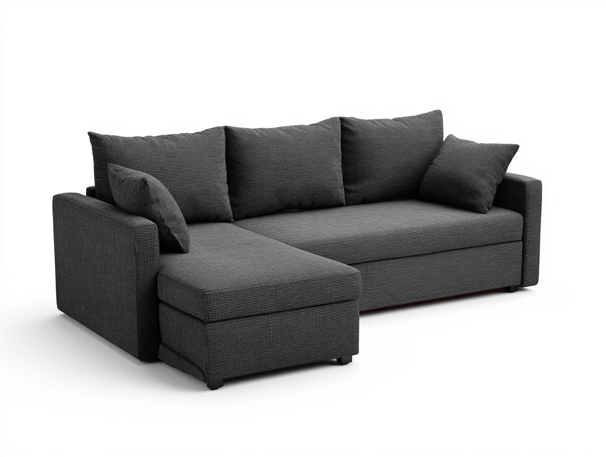 Canapé d'angle droit en tissu gris foncé, 3 places, avec 3 coussins de dossier et 2 oreillers-Nestete