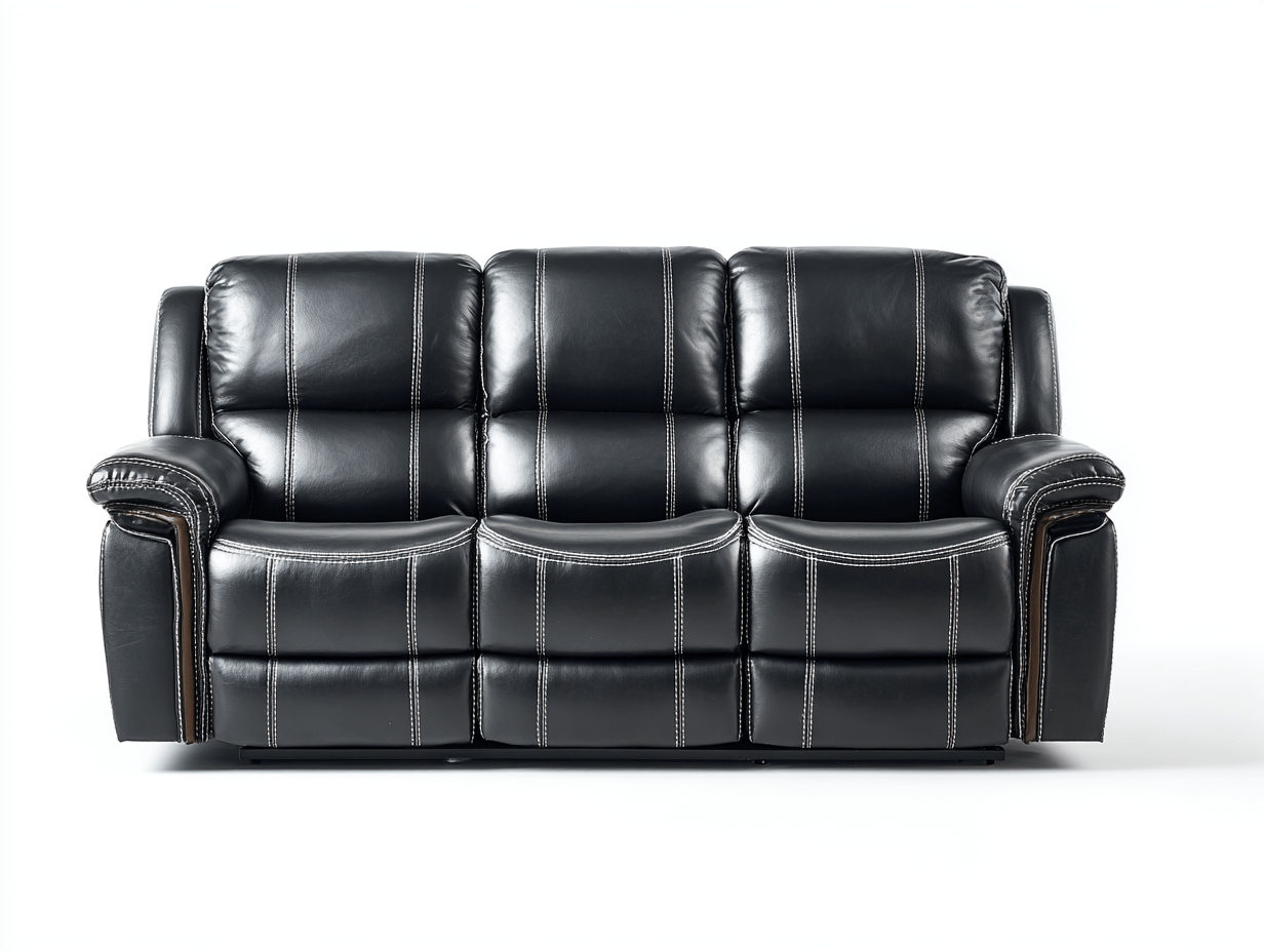 Canapé 3 places cuir noir  – style contemporain – coutures contrastantes – assise fixe avec accoudoirs rembourrés-Nestete