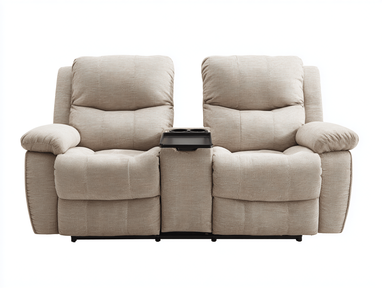 Canapé inclinable 2 places en tissu beige – accoudoirs moelleux – console noire avec double porte-gobelets-Nestete