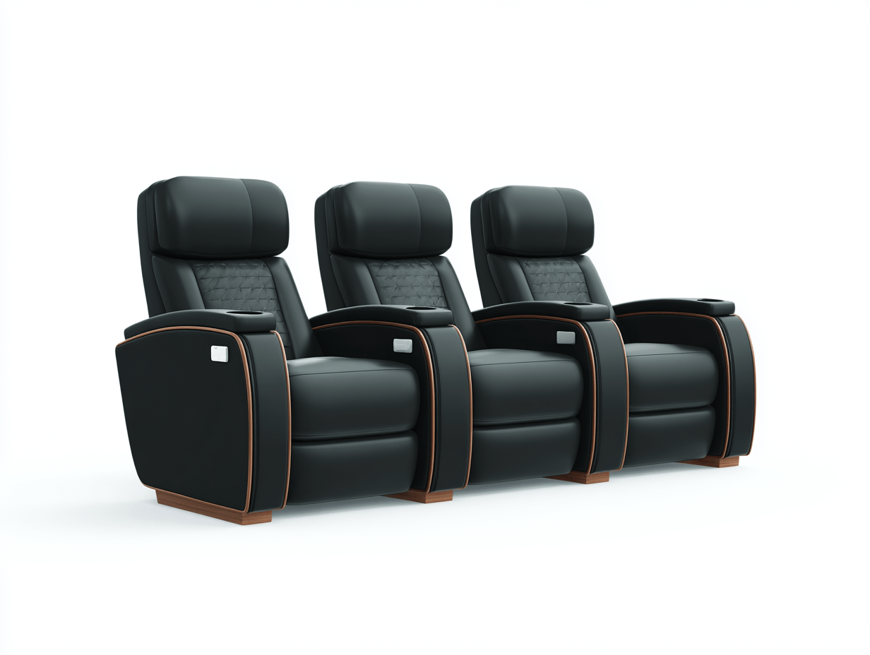 Canapé 3 places simili cuir noir style cinéma maison avec repose-pieds électrique et porte-gobelets – pour salon ou salle home cinéma-Nestete