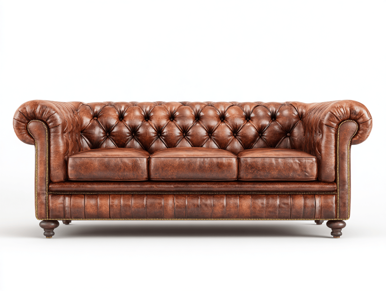 Canapé 3 places cuir marron – style Chesterfield – capitonné avec base striée et clous décoratifs-Nestete