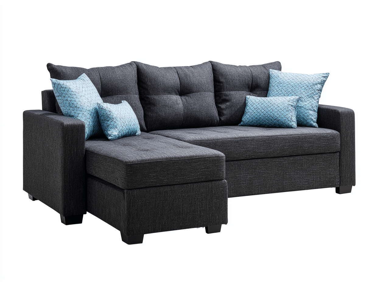 Canapé-lit d'angle droit en tissu gris foncé – 3 places – 3 coussins + 4 oreillers décoratifs-Nestete
