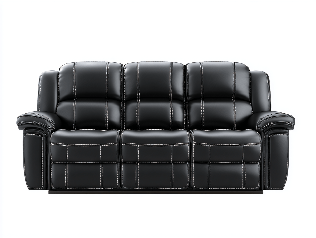 Canapé 3 places cuir noir – style contemporain – coutures contrastantes blanches – assise fixe sans bouton visible-Nestete