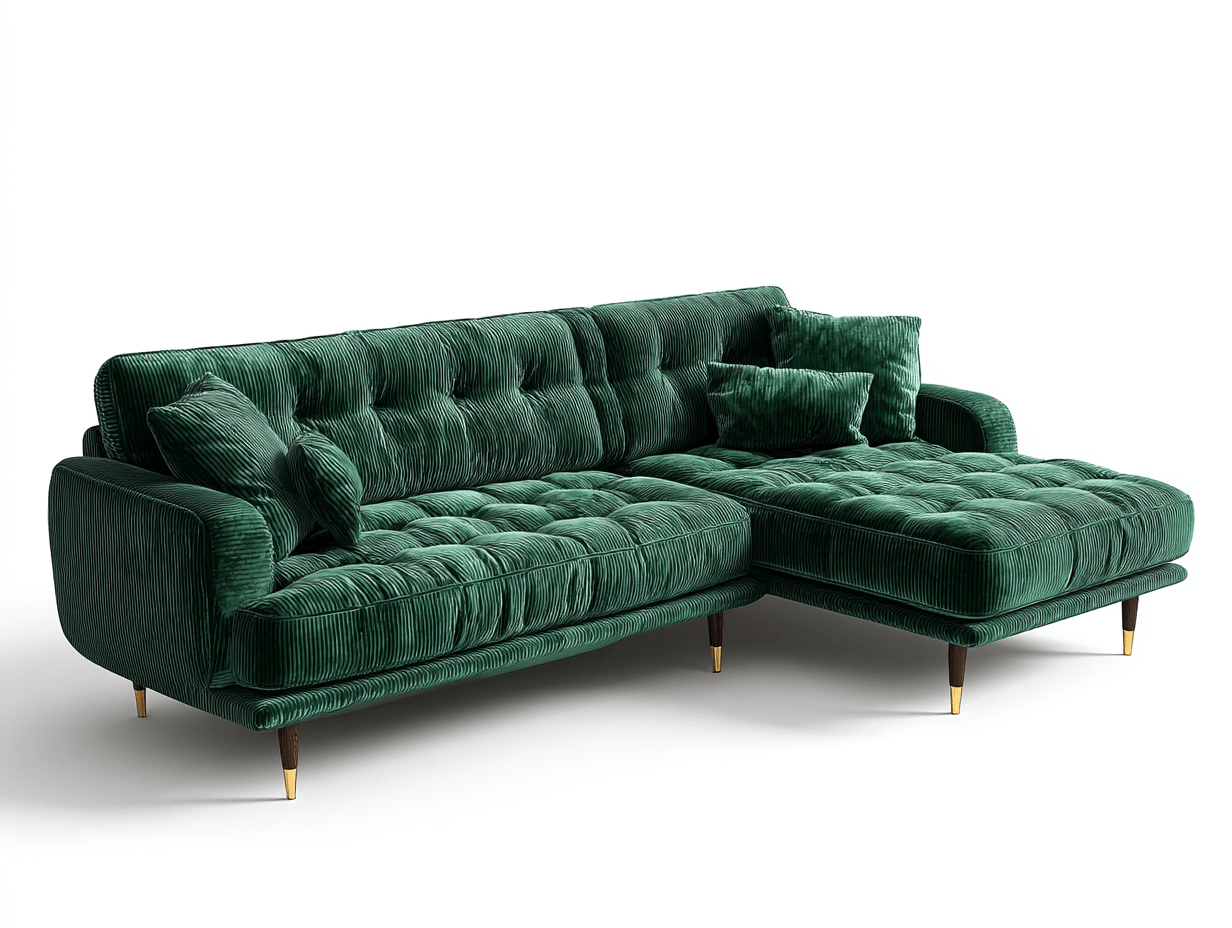 Canapé d'angle gauche en velours côtelé vert émeraude – 4 coussins décoratifs – style rétro moderne avec pieds dorés-Nestete
