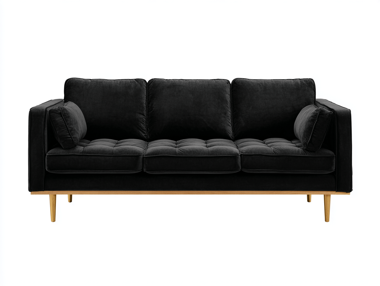 Canapé 3 places velours noir pieds bois doré avec trois coussins de dossier et deux coussins d'accoudoirs – style moderne pour salon-Nestete