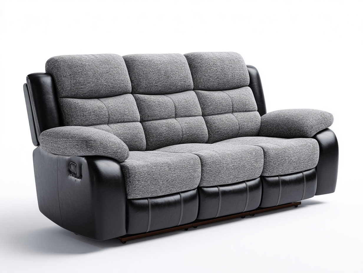 Canapé relax manuel 3 places en tissu gris et similicuir noir – assise moelleuse-Nestete