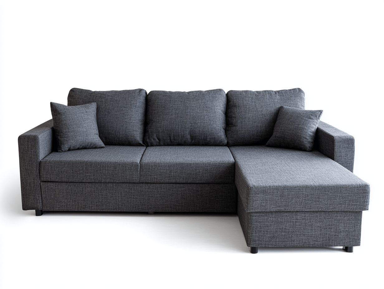 Canapé d'angle gauche en tissu gris foncé, 3 places, avec 3 coussins de dossier et 2 oreillers-Nestete