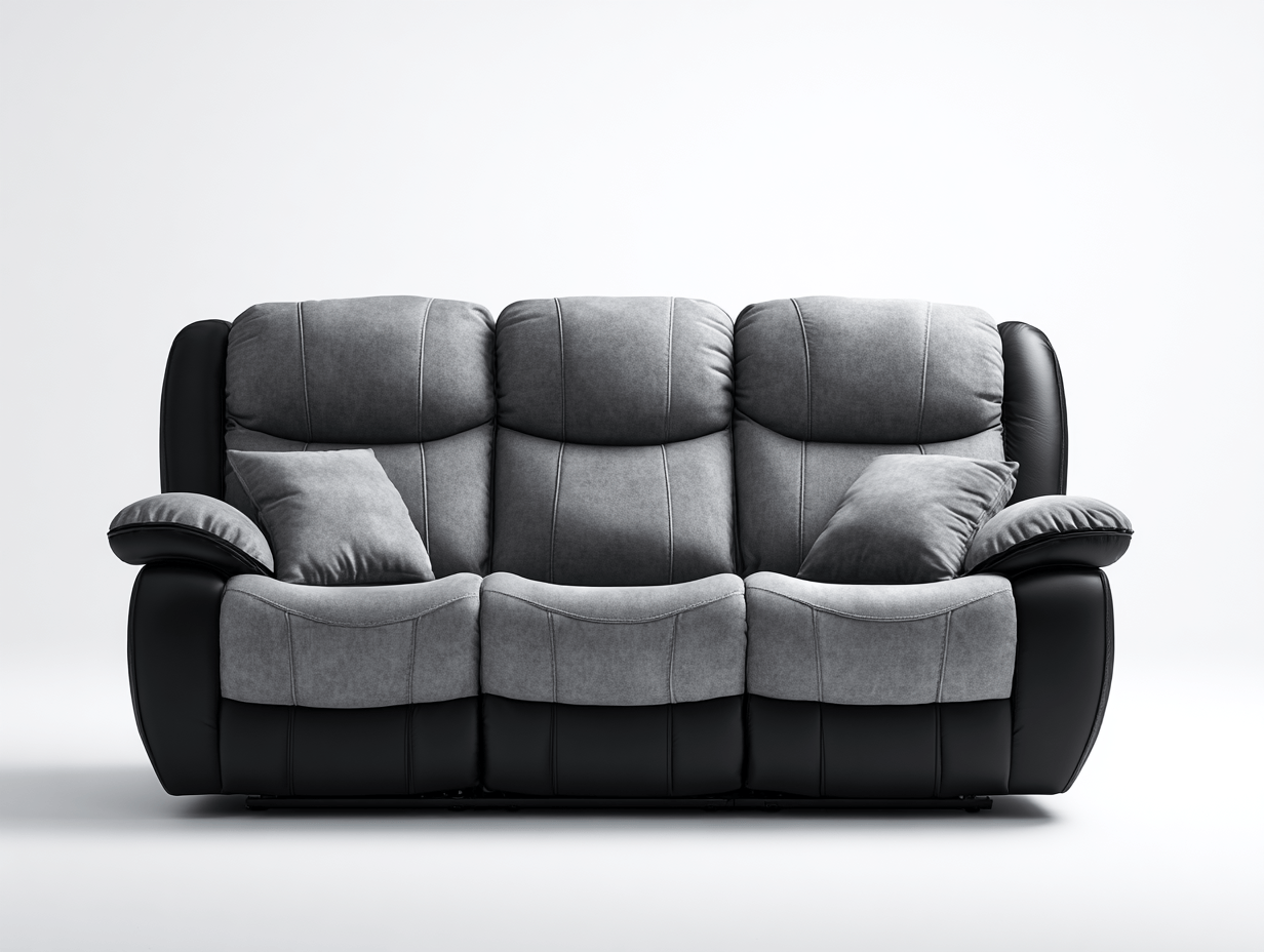 Canapé relax 3 places en tissu gris et simili cuir noir – avec 2 coussins – inclinaison manuelle-Nestete