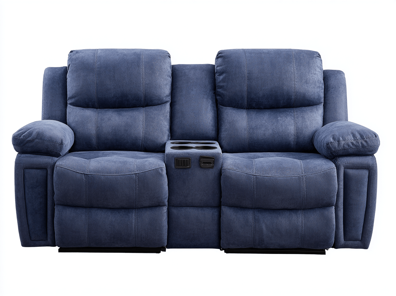 Canapé relax électrique 2 places en tissu bleu – avec accoudoir central et porte-gobelets intégrés-Nestete