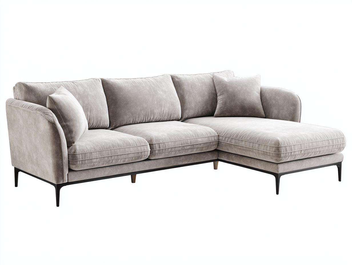 Canapé d’angle gauche en velours taupe – 3 coussins et 2 oreillers – pieds fins en métal noir-Nestete
