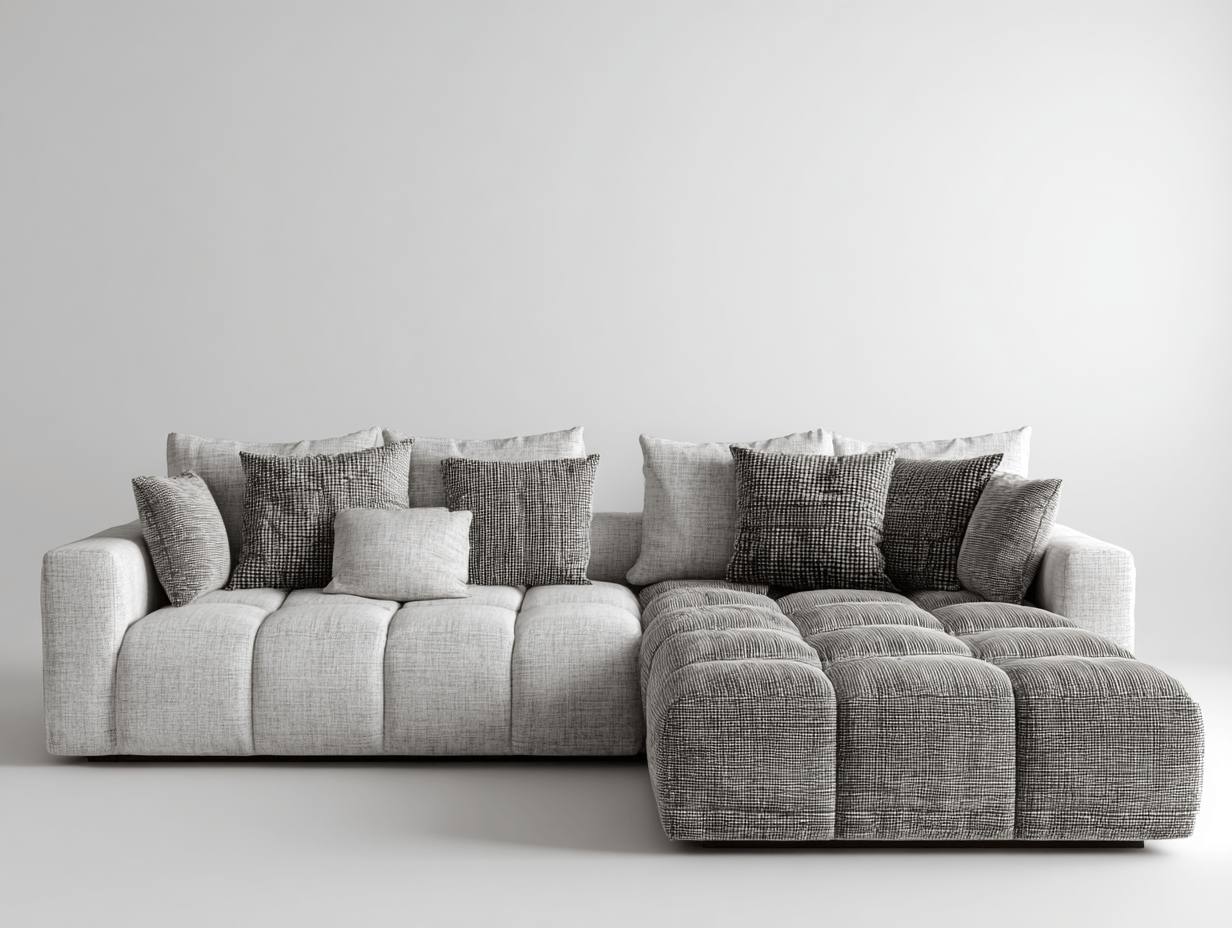 Canapé d'angle en tissu gris clair et anthracite - contemporain - avec quatre coussins de dossier et sept coussins décoratifs - méridienne à gauche - assise fixe sans boutons visibles-Nestete